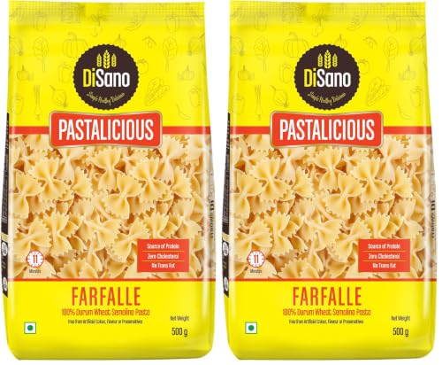 Image of DiSano Farfalle Pasta 500g, Healthy Pasta, Made with 100% Durum Wheat Semolina, 100% Suji, No Maida, Source of Protein & Fibre, Non-Sticky (Pack of 2)