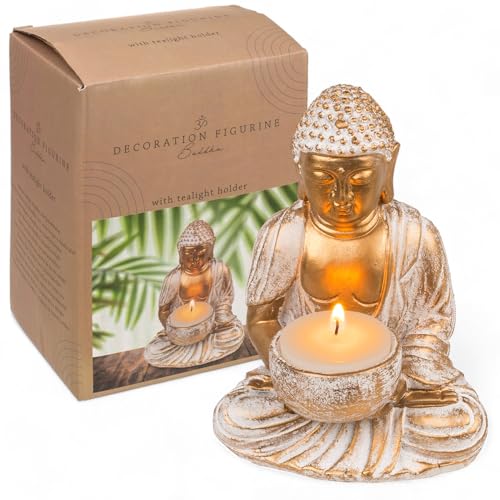 MIJOMA Figura decorativa de Buda, Oro y Blanco, aspecto vintage, poliresina, 14 34 cm de altura, opcional con portavelas   Tranquilidad espiritual y elegancia (10 x 8,5 x 14 cm con portavelas)