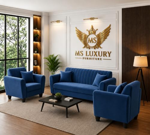 Image of MS Luxury FURNITRE Premium Luster 3-1-1 Sofa Set | 3 Seater | 5 Seater | Velvet Suede Fabric | 7 Colours with Sollid fibare Legs & 4 Cushion Free. (Blue, 3+1+1)
