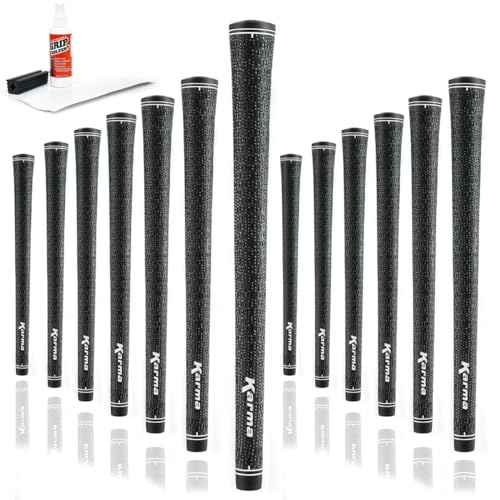 Karma Velour Full Cord Golf Grip Kit with Tape Strips, Grip Solvent, Rubber Vise Clamp, 13 Black Standard Size Corded Rubber Velvet Style Replacement Golf Grips for Men