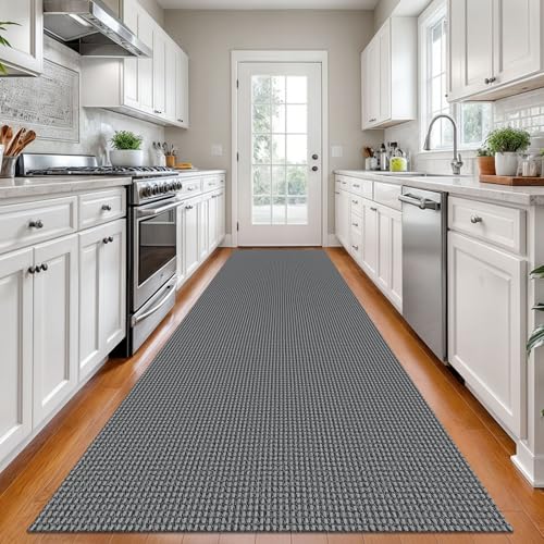 KOZYFLY Long Runners for Hallways 3x12 ft Washable Kitchen Runner Non Slip Rubber Backed Hallway Rugs Cotton Entryway Runner Rug Floor Carpet for Indoor Hall, Backdoor, Kitchen, Grey/Dark Grey
