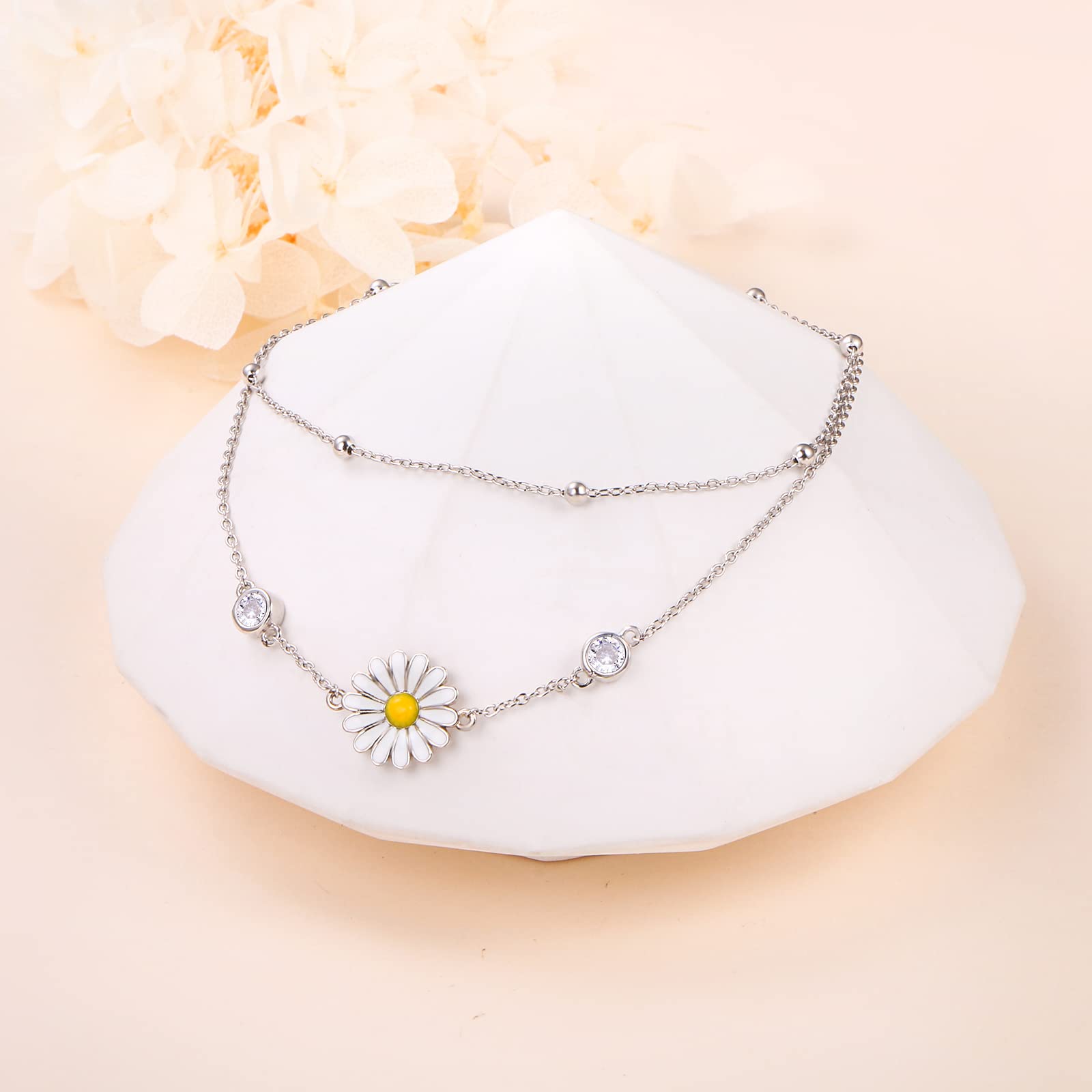 DAOCHONG Tobillera de plata de ley 925 con perlas y flores, cadena ajustable para el tobillo como regalo para mujer (margarita_9+1 pulgadas)