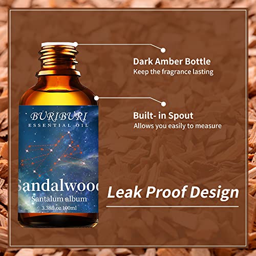 Image of BURIBURI 100ML Sandalwood Essential Oil, 100% Pure Undiluted Aromatherapy Sandalwood Oil 3.38fl.oz for Soap, Candle Making, Massage, Diffuser, Humidifier