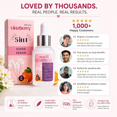 Image of VINZBERRY 5-in-1 Super Serum with Niacinamide, Arbutin, Vitamin C, Ferulic Acid, Ceramide Complex, Hyaluronic Acid | Brightens and Evens Skin Tone, Anti Aging, 30 ml Pack of 1