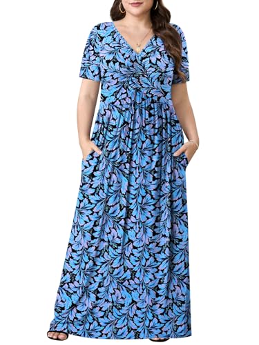 Image of PEVRL Plus Size Summer Maxi Dress for Curvy Women with Pockets 1X-5X | Short Sleeve, Twisted Front V-Neck, Summer Casual A Line Flowy Dress, Empire Waist Floral Print Beach Vacation Long Dress