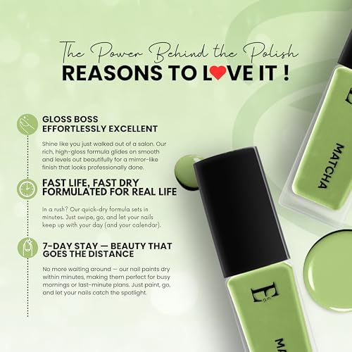 Image of MATCHA Vegan Nail Polish Light Green Color | Long Lasting Chip Resistant Formula | Quick Dry Glossy Finish | Non Toxic & Cruelty Free Nail Paint for Women | 10 ml