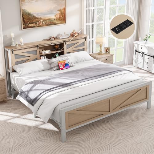 YITAHOME Farmhouse King Size Bed Frame with Headboard, Bookcase Storage Shelves, Sliding Grid Barn Door, Charging Station, Rustic Wood Platform Bed, No Box Spring Needed, Oak