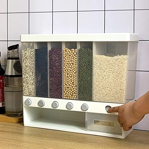 10KG Wall Mounted Divided Rice and Cereal Dispenser Automatic Plastic Storage Box 6 Proof Racks