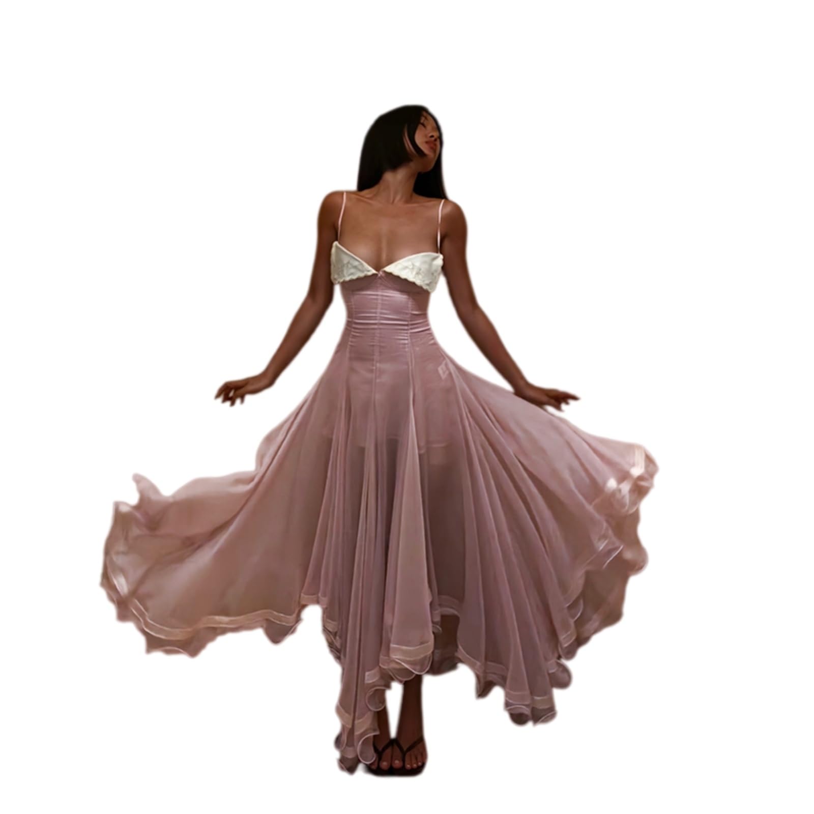 Vestito Elegante Donne Spaghetti Cinturina Pizzo Trim Chiffon Midi Abito Senza Maniche Vita Cinched Flared Estate Formale Chic-Pink-s