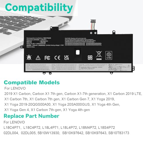Image of L18C4P71 L18M4P72 Battery for Lenovo Thinkpad X1 Carbon 7th Gen, X1 Carbon 8th Gen,ThinkPad X1 Yoga 4th /5th Gen Series 02DL004 02DL005 02DL006 L18L4P71 SB10K97644 SB10K97642 SB10K97643 SB10T83174