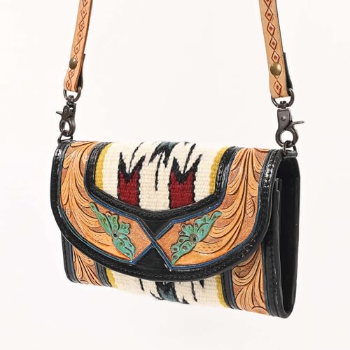 Sunset Serenade Tooled Leather Crossbody Purse – Handmade Trifold Wallet with Saddle Blanket & Cowhide Accents | Western Boho Style with Adjustable Strap for Women, Tan/Black4
