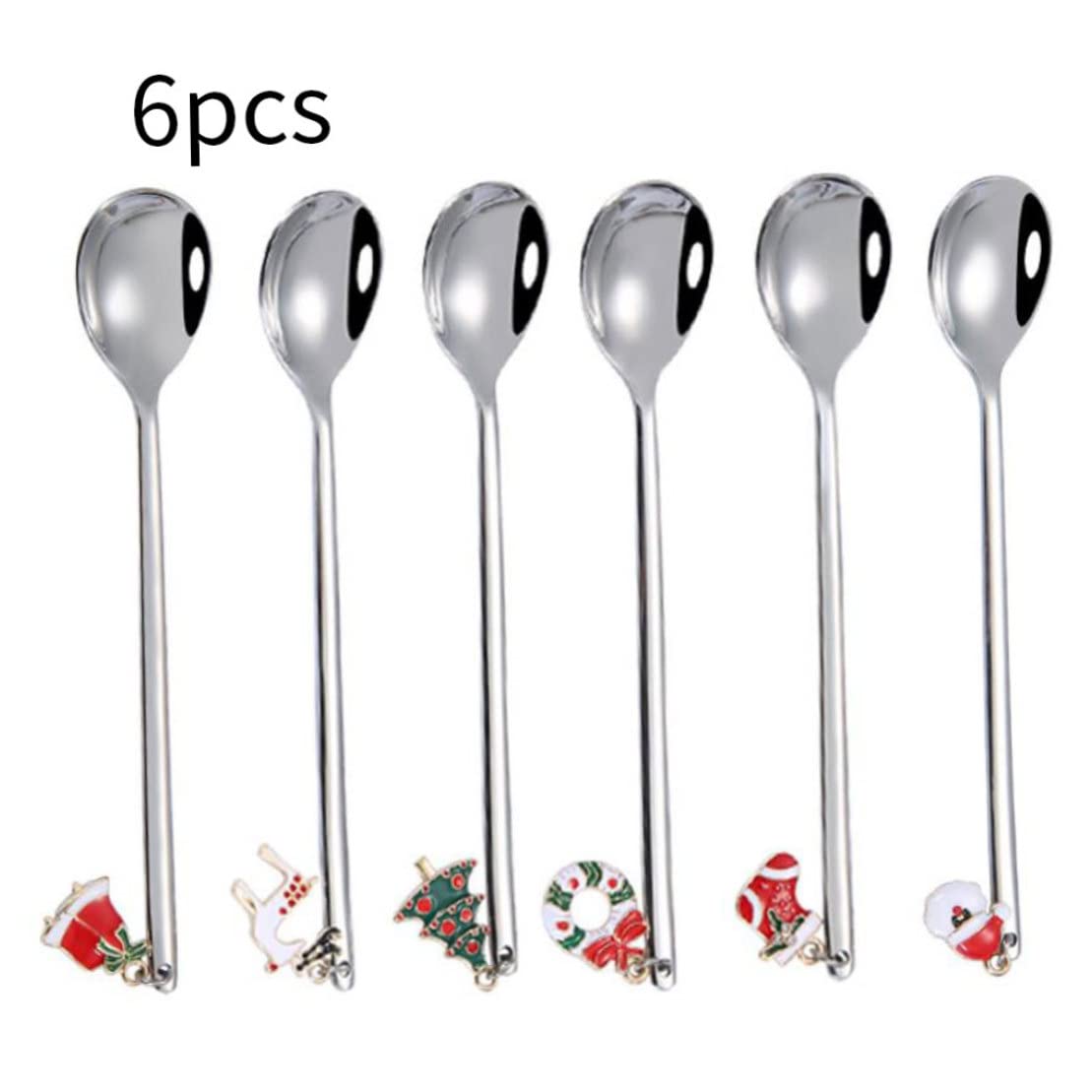 Christmas Spoon Set Stainless Steel Coffee Teaspoons Dessert Mixing Stirrer Kitchen Tableware 6PCS Silver Christmas Teaspoons Stainless Steel Spoon Christmas Coffee Spoon