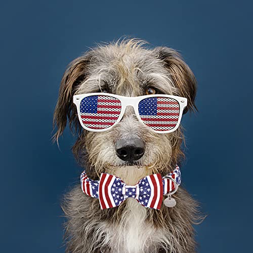 Image of Dog Collar with Bow Tie, 4th of July Comfortable Cotton Dog Collar, American Flag Collar for Puppy Girl Boy Dog or Cat, Patriotic Bowtie Collar with Metal Buckle, XS