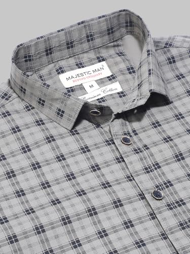 Image of Majestic Man Men Comfort Slim Fit Checked Pure Cotton Half Sleeve Casual Shirt