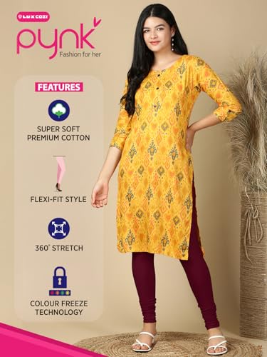 Image of Lux Cozi PYNK Solid Premium Cotton Lycra Churidar Leggings for Women | Regular Fit Elastic Waist Full Length Women Leggings | Free Size
