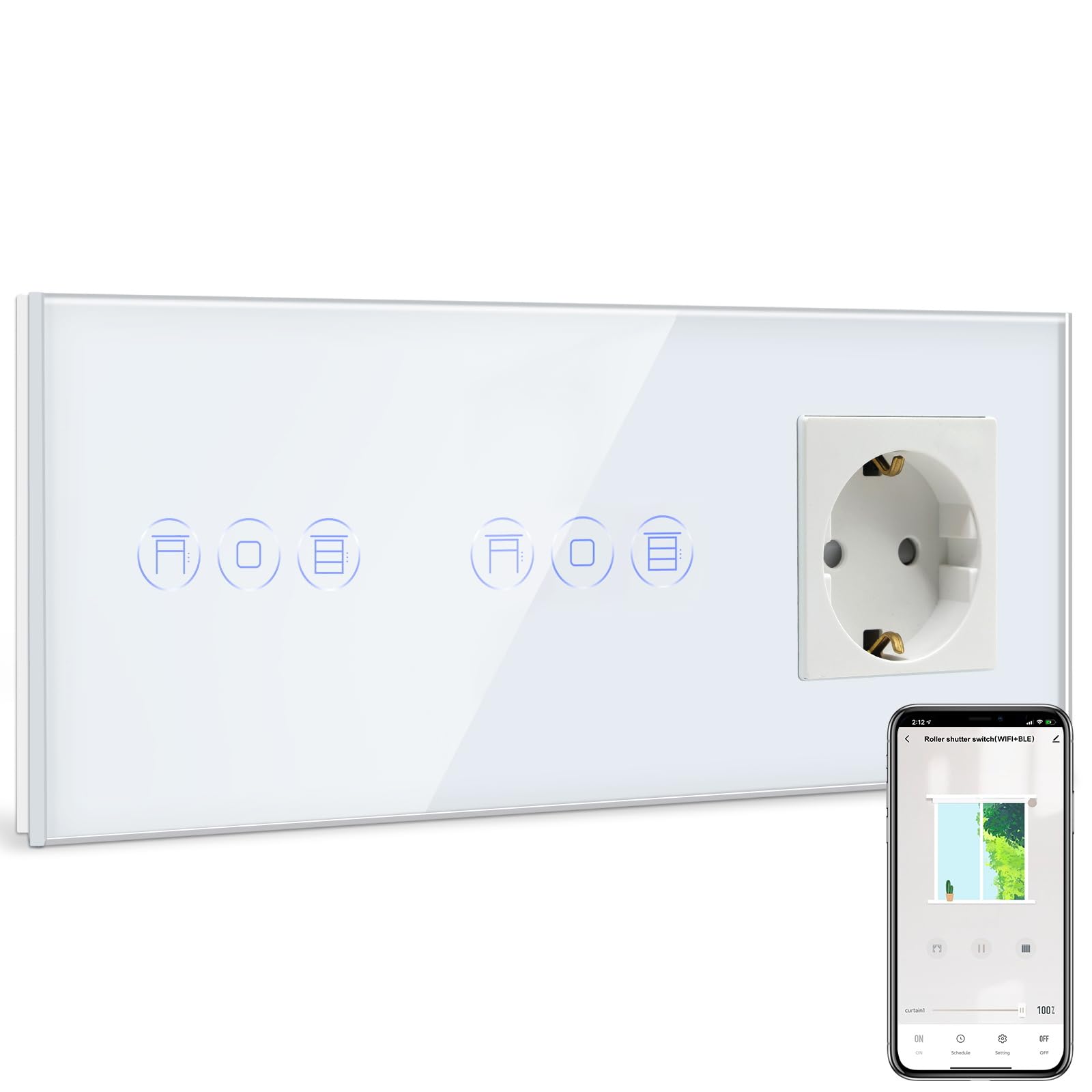 BSEED BSEED Doppel WLAN Rolladenschalter mit 16Amp Normale Steckdose, Smart Alexa Jalousien Schalter Kompatibel mit Alexa/Google Home, Smart Home Rolladensteuerung Weiß(Nullleiter erforderlich)