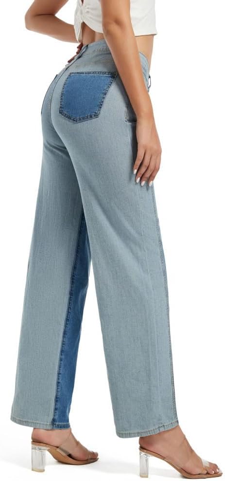 LAFOURAM Patchwork Jeans for Women High Waisted Two Tone High Waisted Chic Denim Color Block Jeans