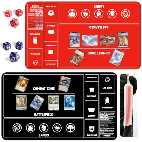 Card Game Playmats MTG Playmat for Beginner 2 Pack with Dices, Magic Mat Commander Deck Card Playmat for TCG MTG Accessories Play Mat 24x14 Inches Duel Card Battles, Black/Red