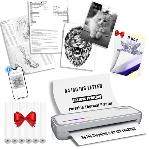 Image of Portable Thermal Wireless Printers for Home Use, Inkless-Bluetooth-Printer Support for A4 Size Compatible with iOS, Android & Laptop for Tattoo,Travel,Office(White with 6Rolls Thermal Paper
