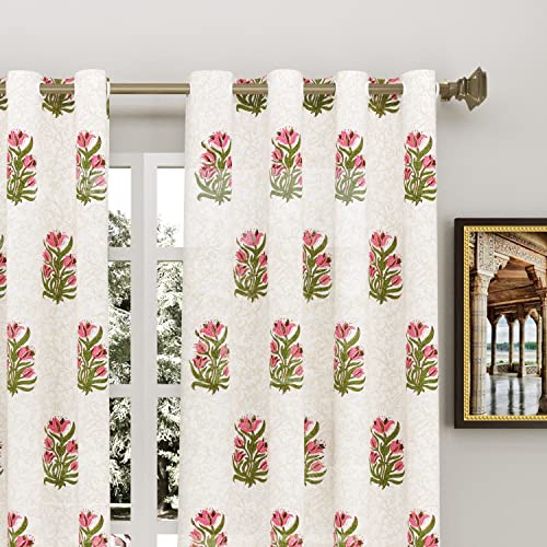 Image of BLOCKS OF INDIA Hand Block Printed Cotton Daylight Semi Sheer Curtains with Eyelets(Set of 2 Curtains) (Flower 3, 7 Feet /Door), Pink
