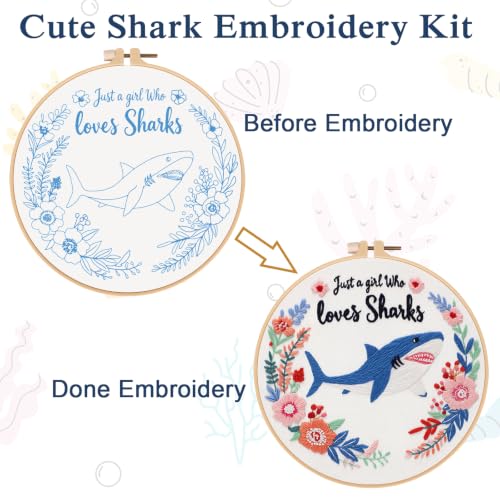 Image of Louise Maelys Cartoon Shark Embroidery Kit for Beginners, DIY Stitching