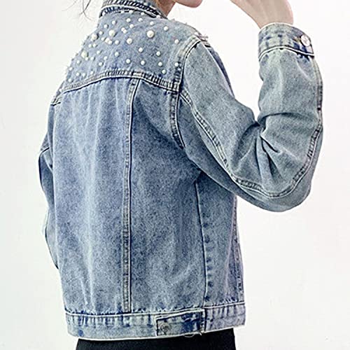 Ankecity Oversize Sequins Pearl Embroidered Women's Ripped Distressed Casual Long Sleeve Denim Jacket Coat #TOP7