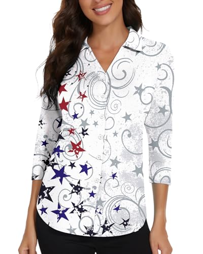 Image of Soneven Womens Golf Polo Shirts 3 /4 Long Sleeve V Neck Button Down Shirts Business Causal Work Blouses Tops