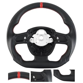 Acclcors Full Leather Steering Wheel Anti-slip Perforated Leather Grip Breathable D-shaped Flat Bottom Steering Wheel with Red Stitched, Fit for Audi for A4(only B7) for A5 for S4 for S5 2008-2010