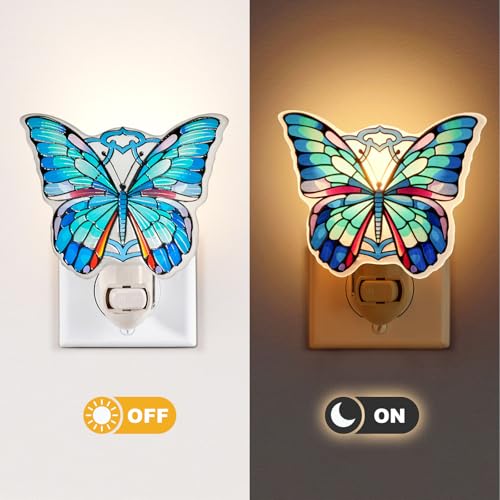 Image of Butterfly Night Light - Stained Glass Styled Plug-in Wall Light for Vertical Outlets - Real Glass, Warm Glow for Bedroom, Bathroom, Hallway - Gift for Butterfly Lovers