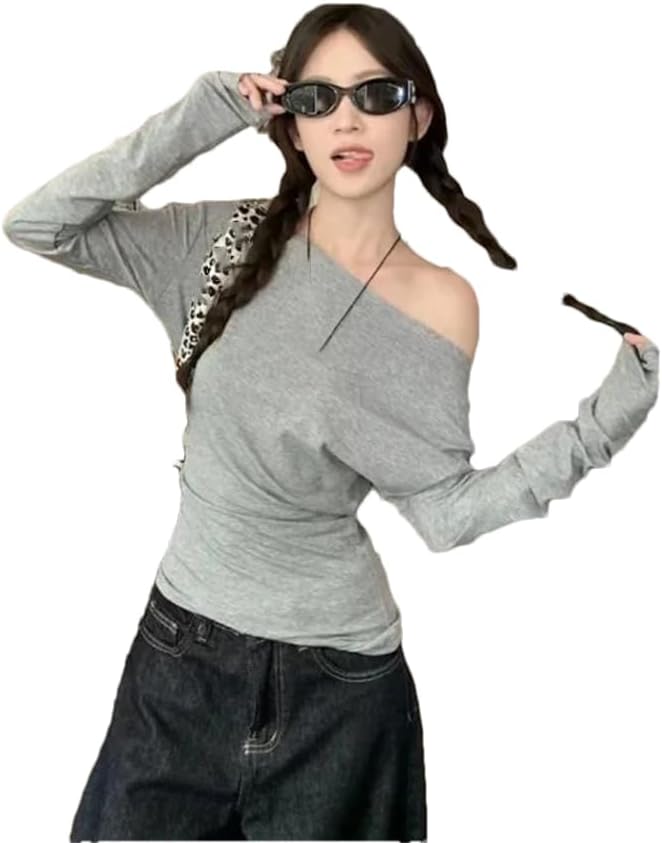 Women Slimming T-Shirt Women's Off-The-Shoulder Long Sleeve Top Solid Color Blouses