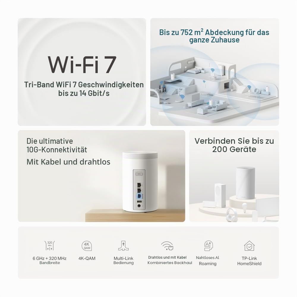 TP-Link Deco BE68 Wi-Fi 7 Mesh WLAN Set(3er Pack) BE14000 Tri-Band, 8 Streams, MLO, 1×10G Ports + 1×2,5G Port + 1×Gigabit Port, USB 3.0, empfohlen für Häuser mit 4-6 Schlafzimmern