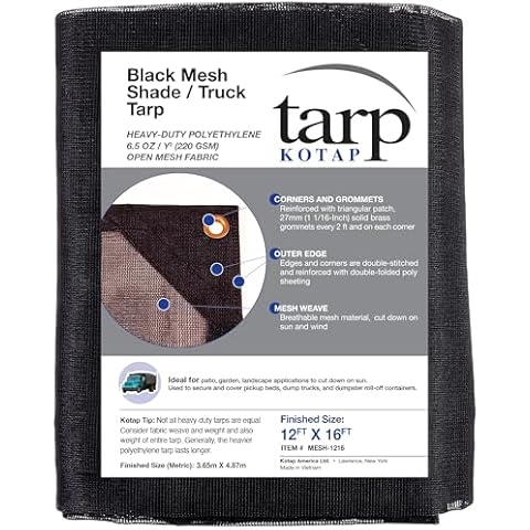 Kotap 12 x 16 Ft. Shade/Truck Black Mesh Tarp for Debris Coverage, Breathability, 70% Shade, 6.5 oz/sq Yard, (MESH-1216) Cover
