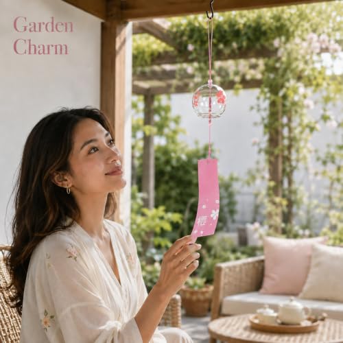 Image of Artibetter Japanese Glass Wind Chime Hanging Bell with Cherry Blossom Design | Handmade Furin Wind Bell for Home, Balcony, Garden, Patio, Window & Gift Decor (Pink)