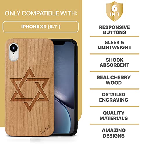 Caseyard Wood Phone Case For Iphone Xr Laser Engraved David Star Design Cherry Wood Compatible Iphone Case Protective Shockproof Slim Fit Cell Phone Cover For Men & Women #TOP6