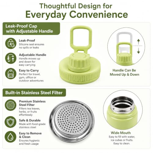 Image of Premium 1 Litre Vacuum Insulated Stainless Steel Water Bottle | SUS 316 Food Grade Steel | Hot 12 Hrs & Cold 24 Hrs | Leakproof, BPA Free | Wide Mouth with Steel Filter (Green)