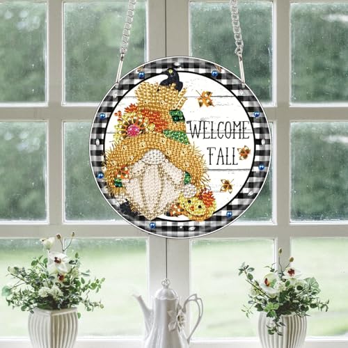 Image of AiYuanzsh Welcome Fall Diamond Painting Hanging Kit, DIY Gnome Crystal Acrylic Pendant Ornament, 5D Diamond Art Hanging for Adults, Autumn Thanksgiving Wall, Window, Door Decoration