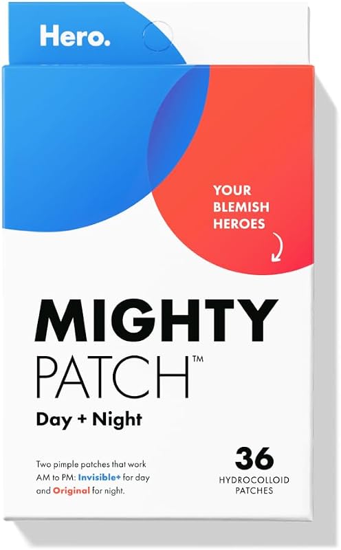 Mighty Patch Hero Cosmetics Parches para espinillas y acné de día y noche, 36 unidades | 18 parches originales + 18 invisibles+, absorbe la suciedad de las espinillas en 6 a 8 horas, hidrocoloide de grado médico, probado por dermatólogos