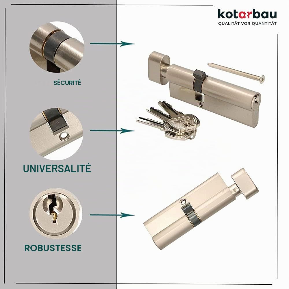 KOTARBAU Cylindre de serrure 35/55 - En nickel - Avec bouton - Cylindre profilé - Serrure de sécurité - Double cylindre