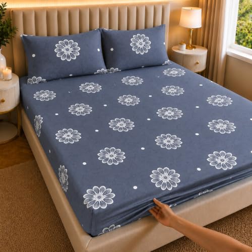 Image of Castiqa Elastic Fitted Supersoft Premium Polycotton 200TC King Size Bedsheets with 2 Pillow Covers | No Slip Bedsheet | (Gray SnFloral, King (72x78 Upto 10 inch Mattress))