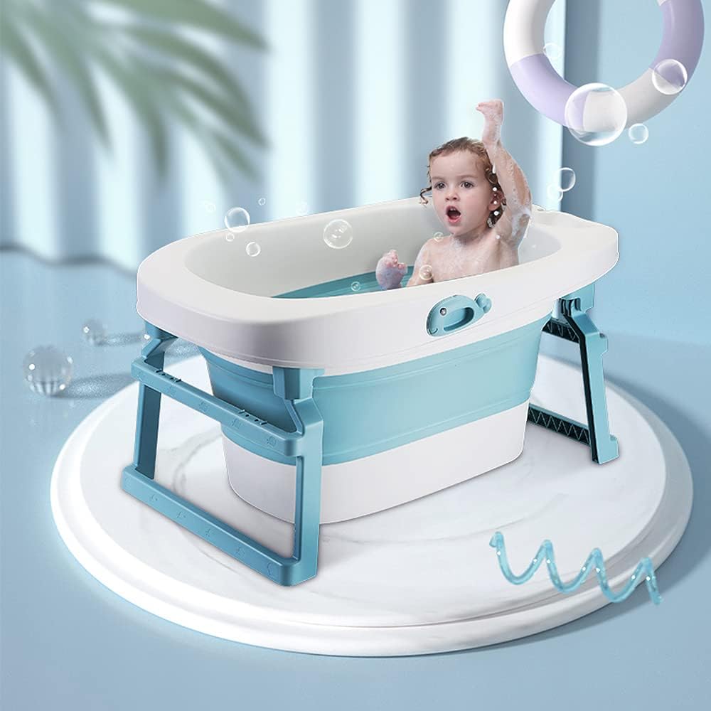 Bañera Bebe, 3 en 1 bañera plegable y antideslizante con mini taburete de ducha y alfombra de ducha, 6 meses a 7 años, carga máxima: 35 kg (azul, 85 x 55 x 47 cm)