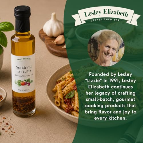 Image of Lesley Elizabeth Extra Virgin Olive Oil with Sundried Tomato & Garlic, 8.5 fl oz - Small-Batch Mediterranean-Style Infused EVOO for Drizzling, Dipping, Marinades & Everyday Cooking - All-Natural, Plant-Based Ingredients