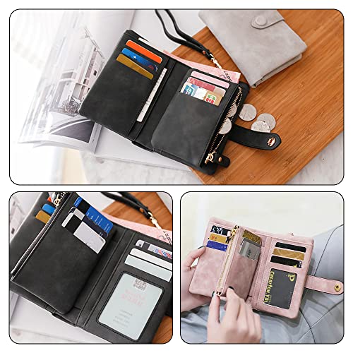 Small Trifold Leather Wallet for Women, Compact Ladies Credit Card Holder Handbag with Strap, Leather Clutch Wallets Multi Card Organizer (Black)3