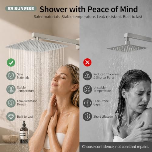 Image of SR SUN RISE Shower Faucet Set 12-Inch Rainfall Shower Head Brushed Nickel