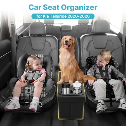 Image of Mixsuper Liner Car Seat Organizer for Kia Telluride 2020-2026 Center Console Organizer with Cup Holders for Telluride, Kids Toys Baby Supplies Dog Toy Box Storage Bin Travel Accessories