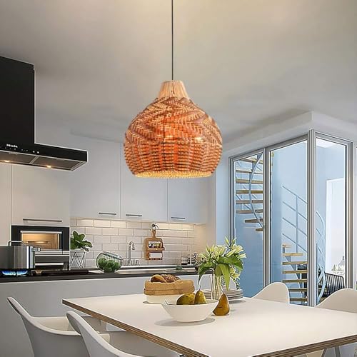WISHVYQ Woven Pendant Lights, 15.8/19.7” Rustic Rattan Hanging Lamp Adjustable Handwoven Basket Shade, Wicker Coastal Retro Light Fixtures for Hallway Entryway Kitchen Island Dining Room - Image 4