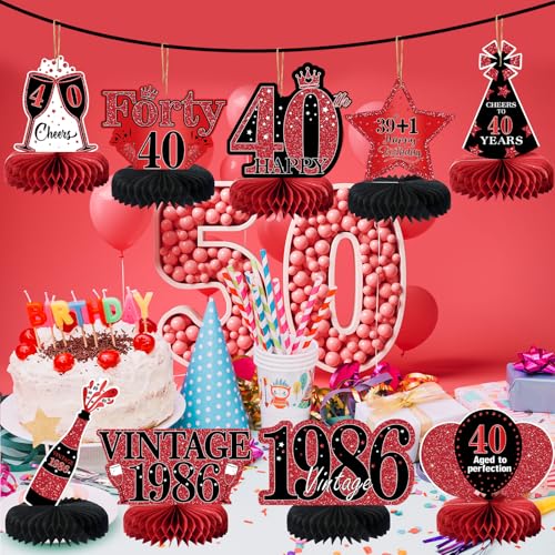 Image of 9Pcs 40th Birthday Decorations Red and Black 40th Birthday Party Decorations for Women,Happy 40 Years Vintage 1986 Aged Honeycomb Centerpieces Table Sign Decor Supplies