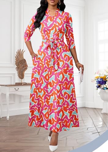 Image of BubFee Maxi Dresses for Women Semi Formal Long Dress 3 /4 Sleeve Casual A-line Church Dresses with Pockets