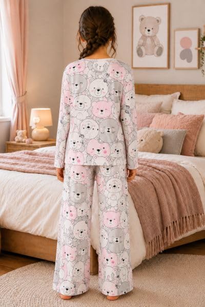Image of TotzTouch Girls Printed Pyjama Set | Full Sleeve Top with Wide Leg Pyjama Pants | Stylish Cotton Co-Ord Nightwear Set for Kids