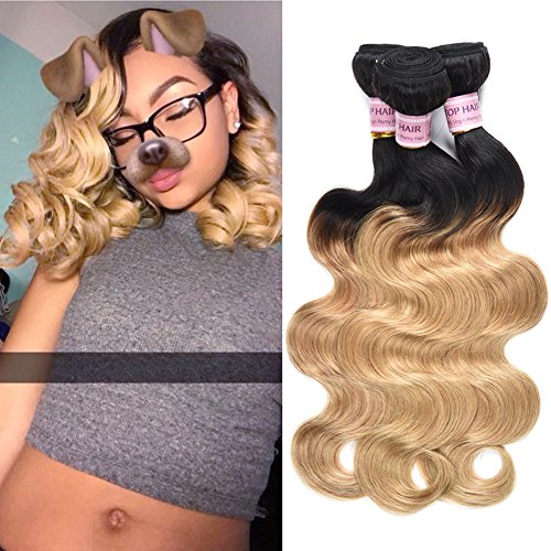 Aigemei Hair Virgin Remy Peruvian Hair 3 Bundles 10"12"14" With Ombre Black To Blonde Extensions And Ombre Two Tones Blonde Hair 1B/27 100g/Bundle