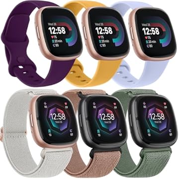 Pacote com 3 + 3 pulseiras elásticas e de silicone compatíveis com Fitbit Versa 4 para mulheres/pulseiras Fitbit Sense 2/Fitbit Versa 3/pulseiras Fitbit Sense, pulseiras de substituição para mulheres